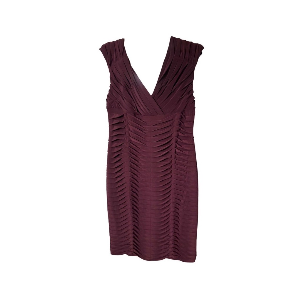 Adrianna Papell Dress Cocktail Ruched Cabernet Pleated V-Neck Elegant 12 - Picture 2 of 4